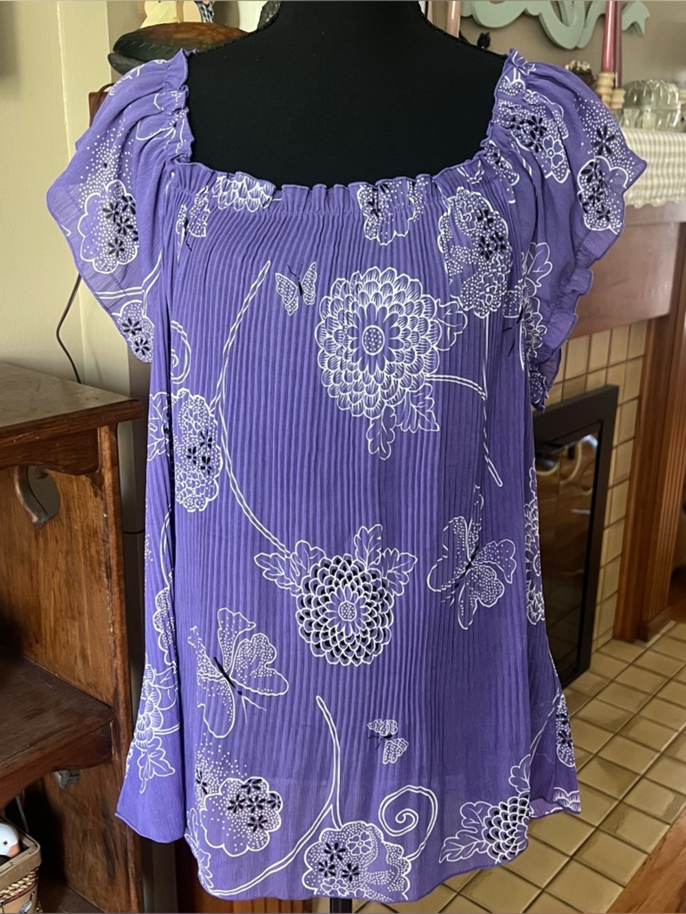 dressbarn Purple Floral Butterfly Off-Shoulder Sheer Flowy Blouse